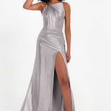 Elisabete | Vestido Maxi em Cetim Plissado com Abertura — Prateado