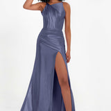 Elisabete | Vestido Maxi em Cetim Plissado com Abertura — Azul Tempestade