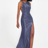 Elisabete | Vestido Maxi em Cetim Plissado com Abertura — Azul Tempestade