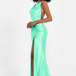 Elisabete | Vestido Maxi em Cetim Plissado com Abertura — Turquesa