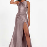 Elisabete | Vestido Maxi em Cetim Plissado com Abertura — Malva Vintage