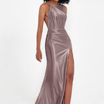 Elisabete | Vestido Maxi em Cetim Plissado com Abertura — Malva Vintage