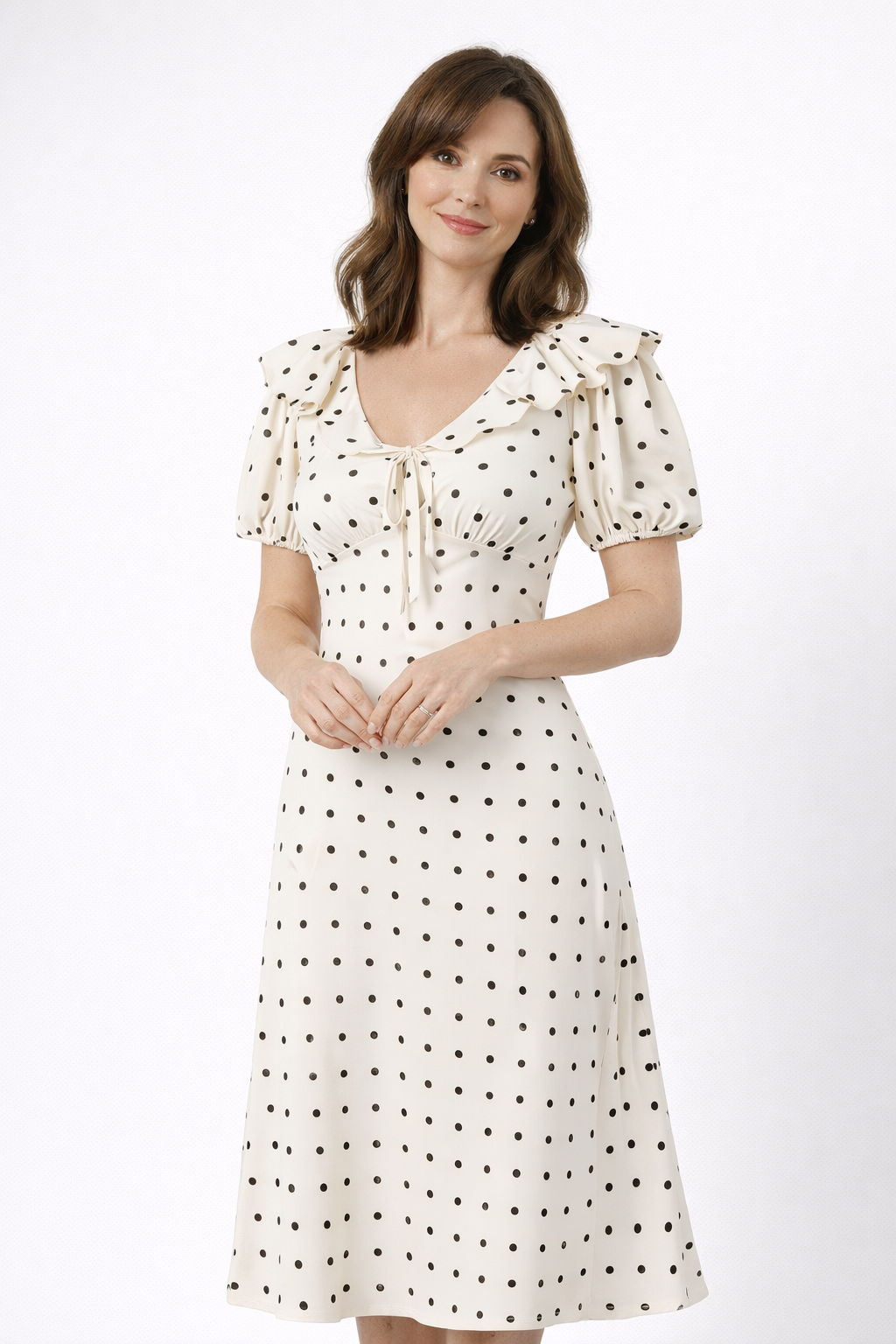 Letícia | Vestido Midi de Bolinhas com Folhos