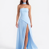 Vestido longo tomara que caia com abertura