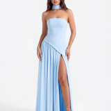 Vestido longo tomara que caia com abertura