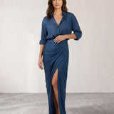 Vestido camisa plissado com abertura