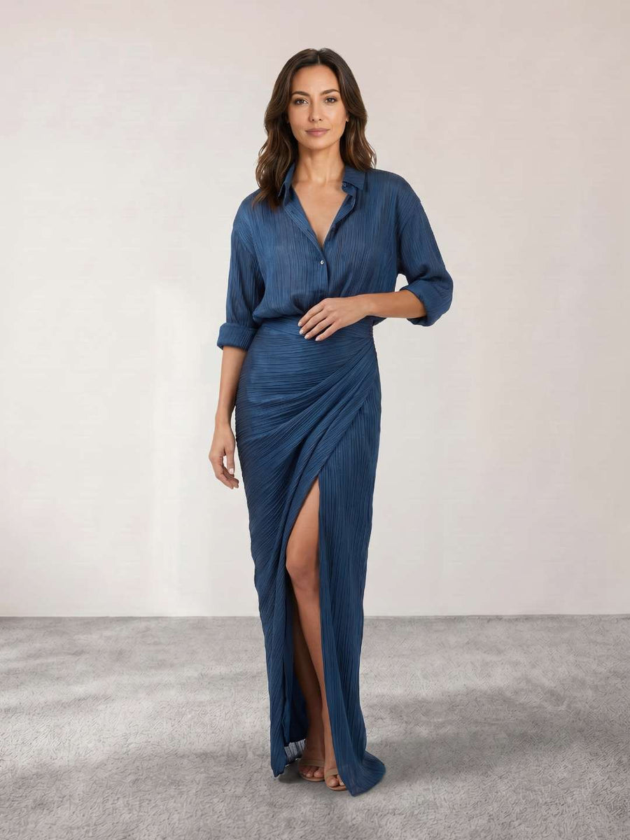 Vestido camisa plissado com abertura