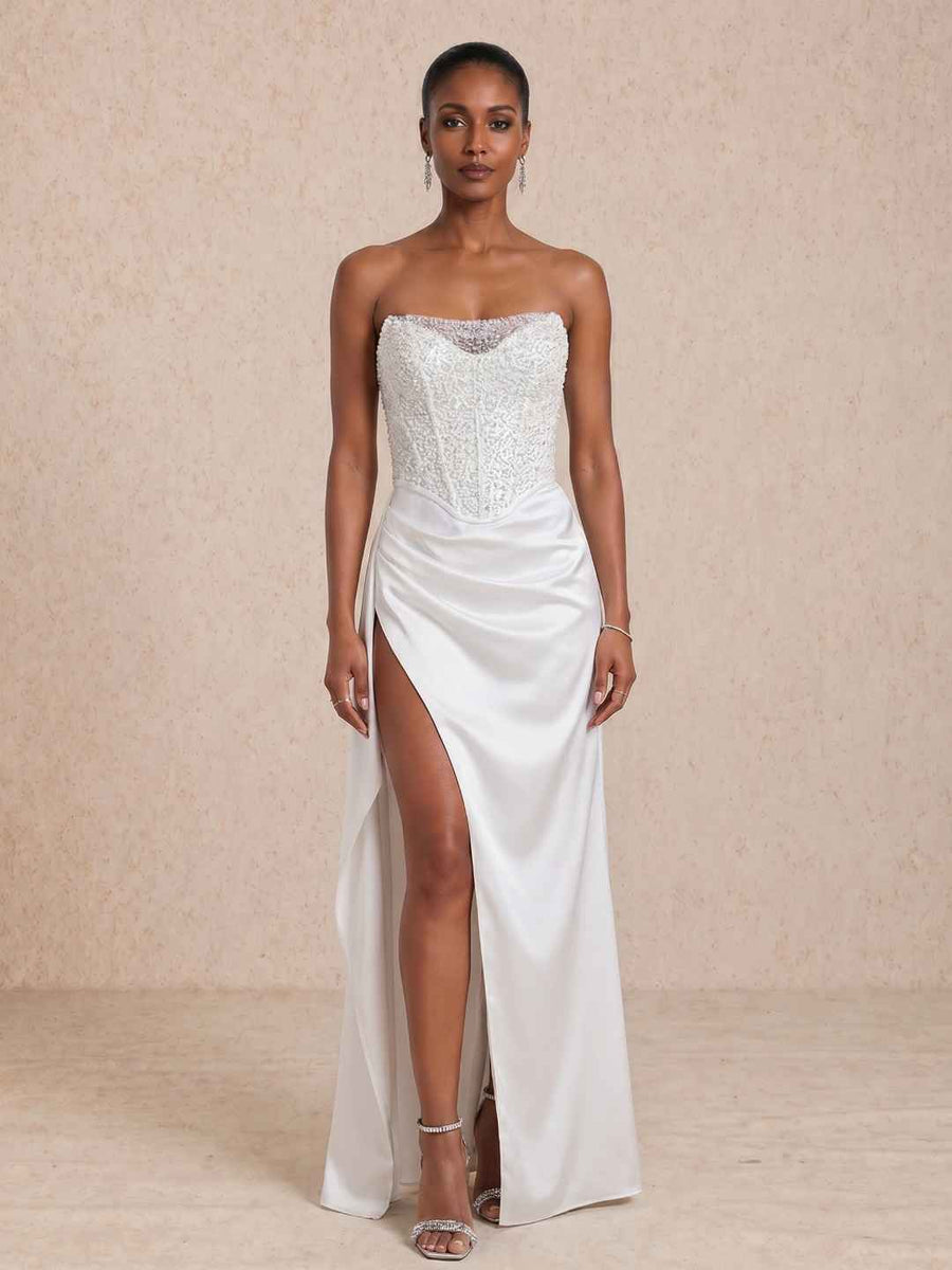 Vestido longo com corpo de lantejoulas