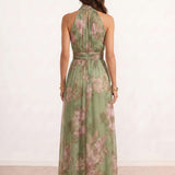 Vestido longo com decote halter e estampado floral