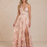 Vestido longo com decote halter e abertura