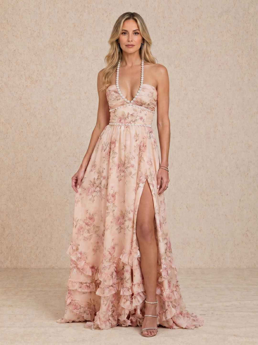 Vestido longo com decote halter e abertura