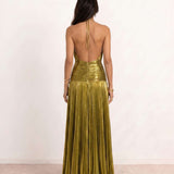 Vestido longo plissado com decote halter