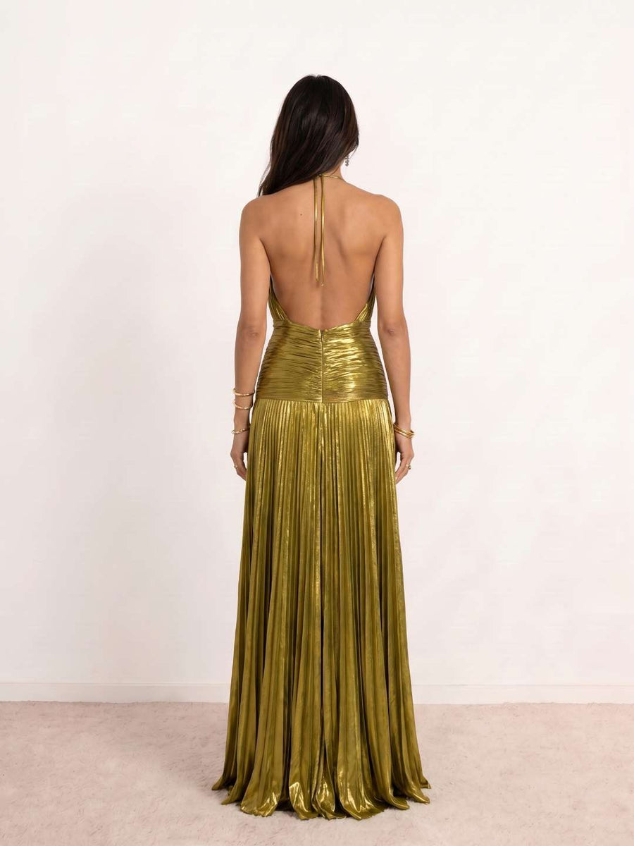 Vestido longo plissado com decote halter