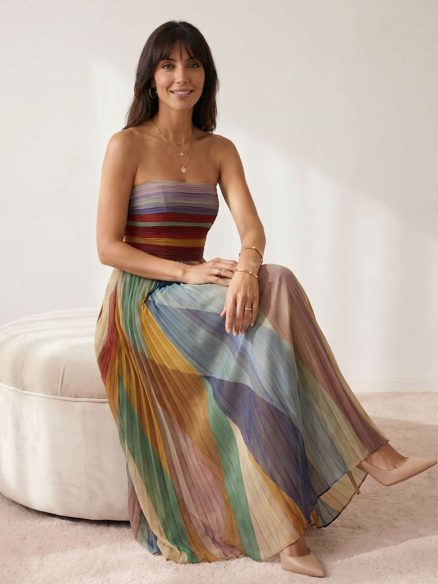 Vestido longo plissado multicolor