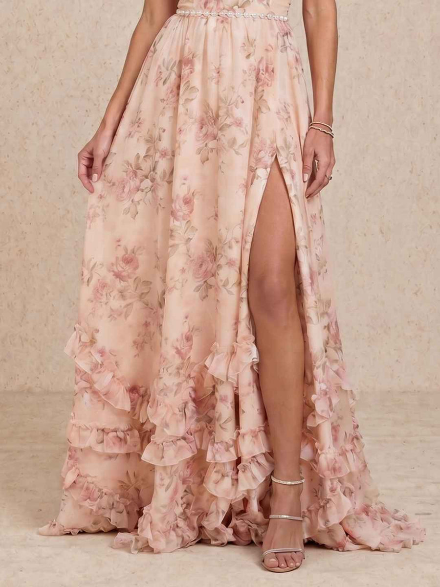 Vestido longo com decote halter e abertura