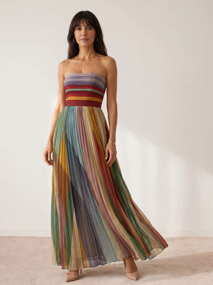 Vestido longo plissado multicolor