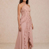 Vestido plissado com detalhe de folhos