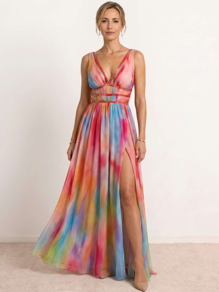 Vestido longo estampado multicolor