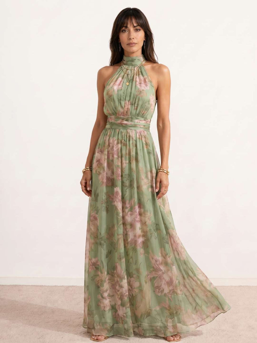 Vestido longo com decote halter e estampado floral