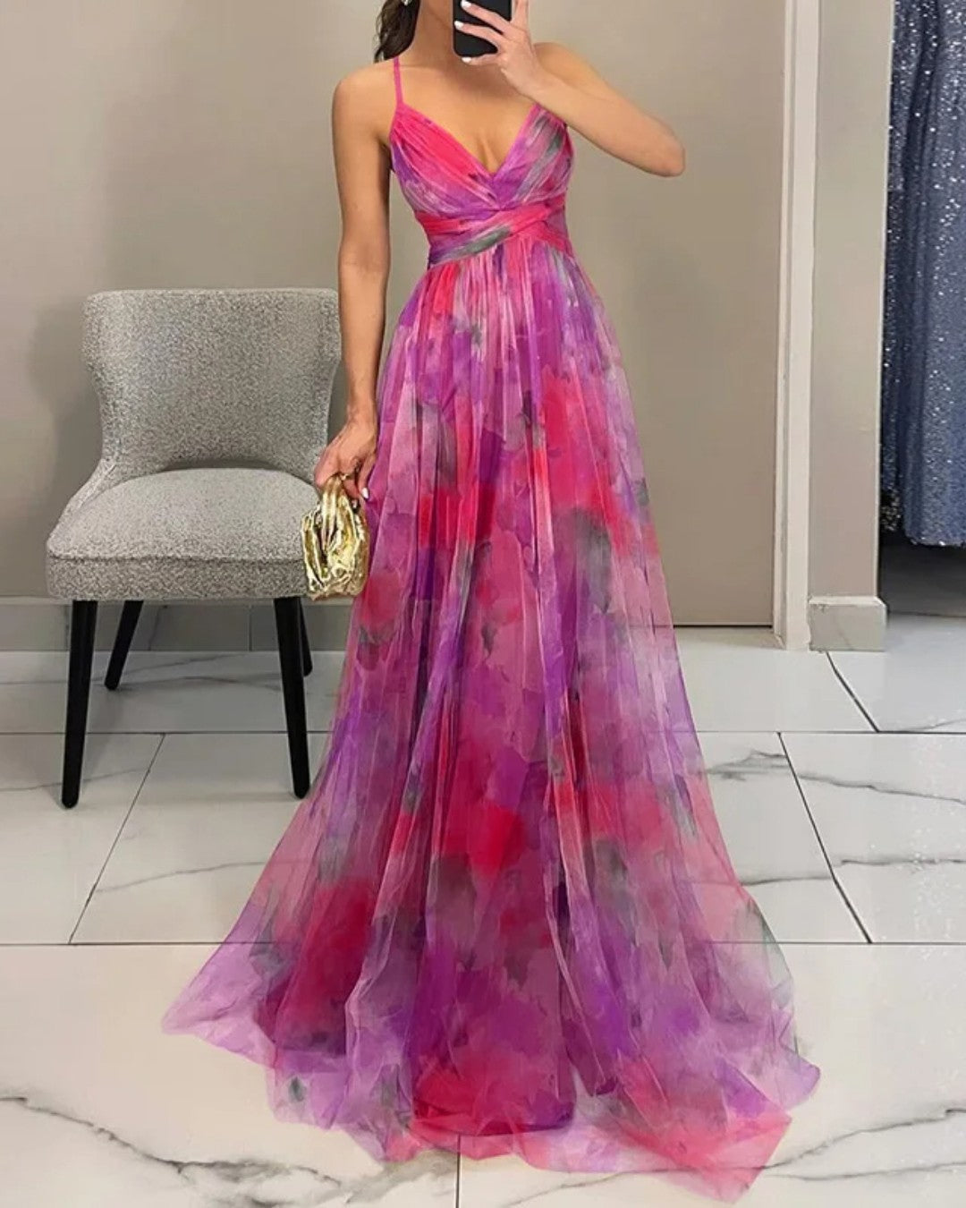 Adelina | Vestido Maxi em Chiffon Aguarela
