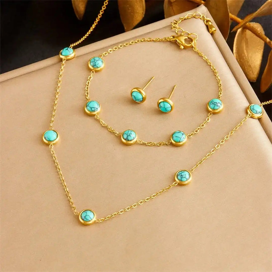 Conjunto Colar Brincos e Pulseira Turquesa