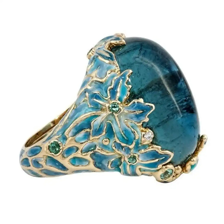 Anel Flor Dourado Pedra Azul