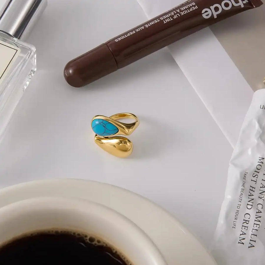 Anel Ajustável Gota Turquesa Dourado