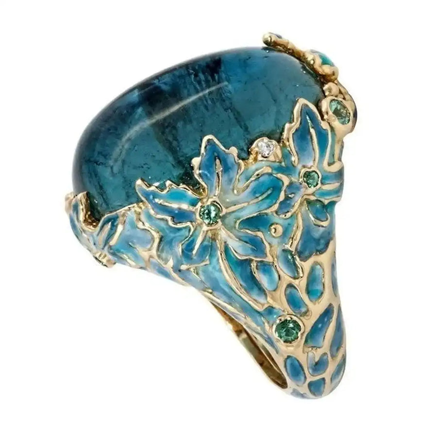 Anel Flor Dourado Pedra Azul