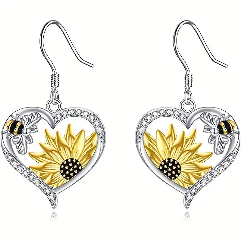 Boucles d'oreilles pendantes Cœur Tournesol et Abeille Boho Vintage