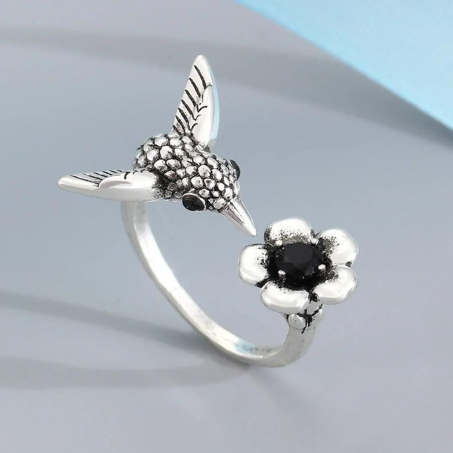 Bague Colibri et Fleur – Bague Ouverte Ajustable pour Femme