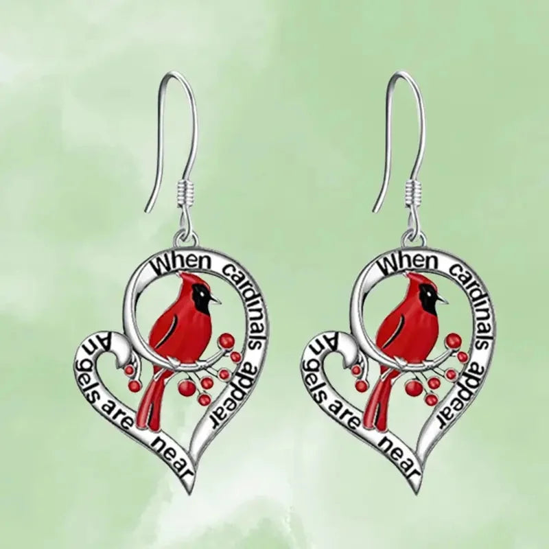 Boucles d'oreilles commémoratives Cardinal – « Quand les cardinaux apparaissent, les anges sont près » Design Cœur pendant