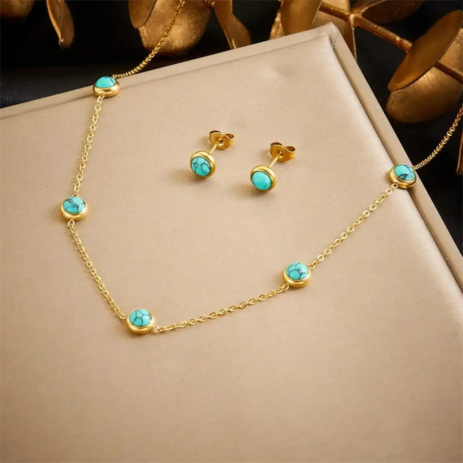 Conjunto Colar Brincos e Pulseira Turquesa