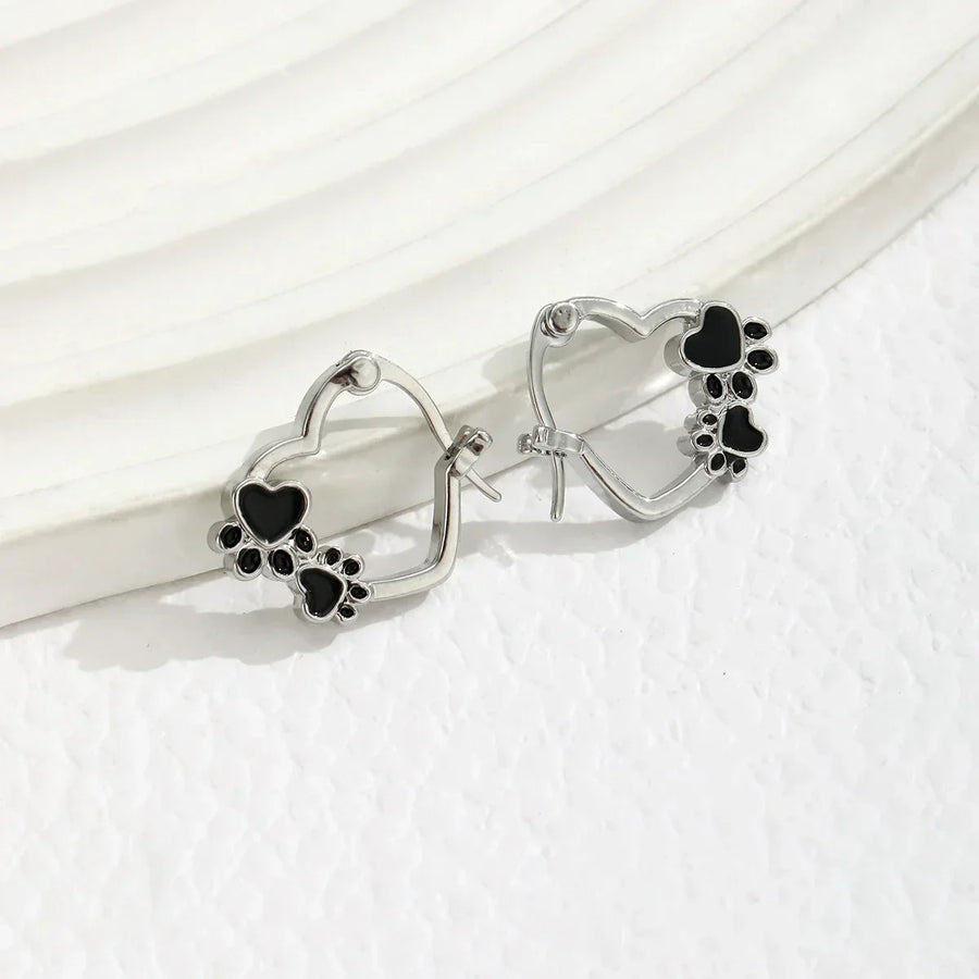 Brincos Argola Coração e Patinha com Esmalte Preto
