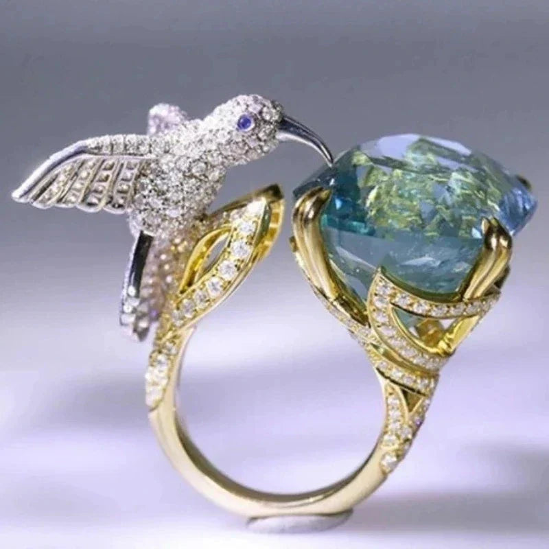 Anel Colibri Ajustável Cor Água-Marinha — Banho a Ouro 14K