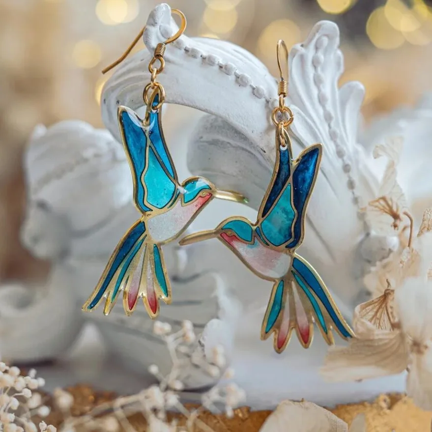 Brincos Colibri em Esmalte Azul