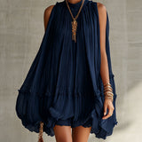 Melissa | Vestido Midi Azul-Noite com Folhos