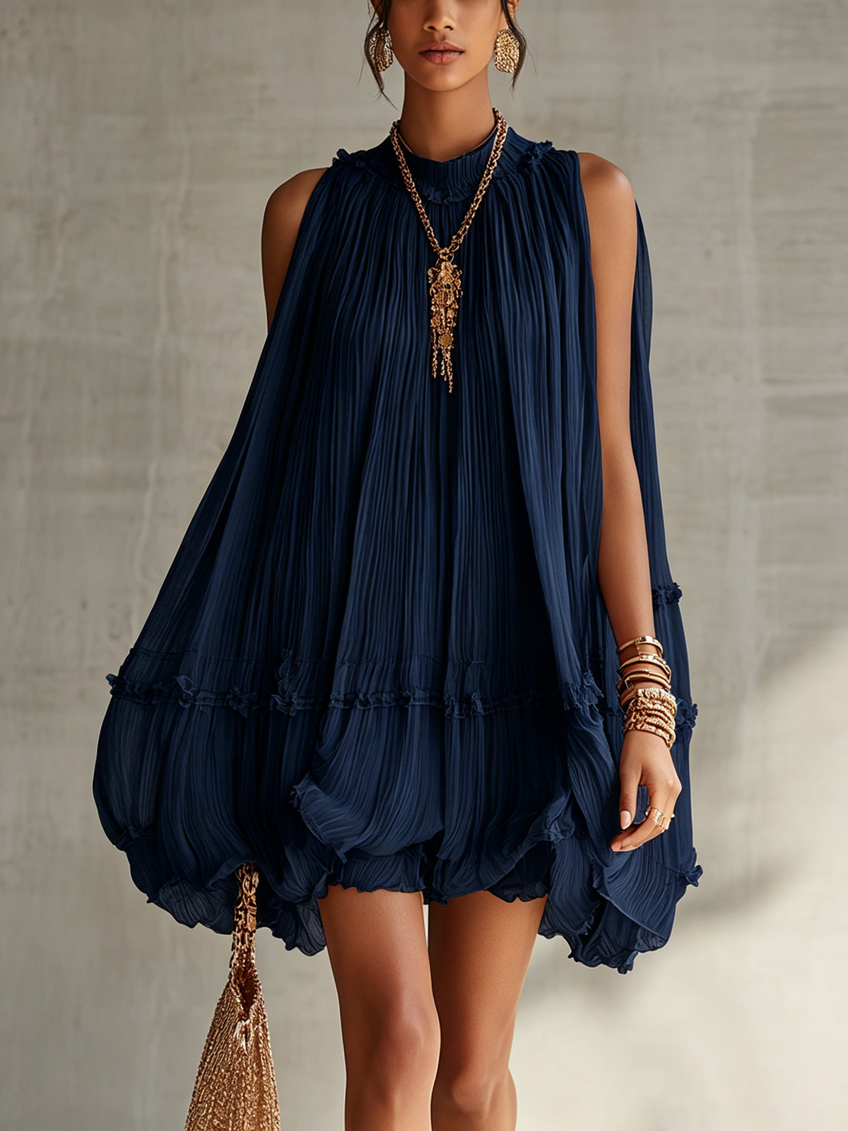 Melissa | Vestido Midi Azul-Noite com Folhos