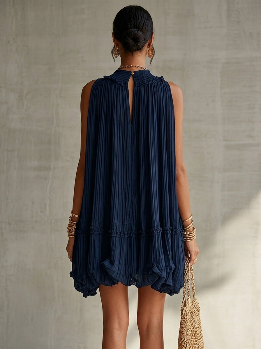 Melissa | Vestido Midi Azul-Noite com Folhos