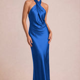 Alexandra Azul Rei | Vestido comprido em cetim brilhante com decote halter