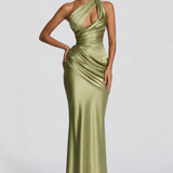 Aurora | Vestido comprido tubinho franzidos em cetim elástico