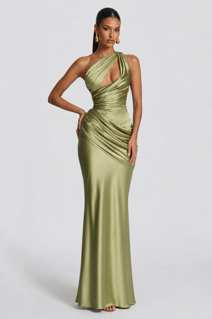 Aurora | Vestido comprido tubinho franzidos em cetim elástico