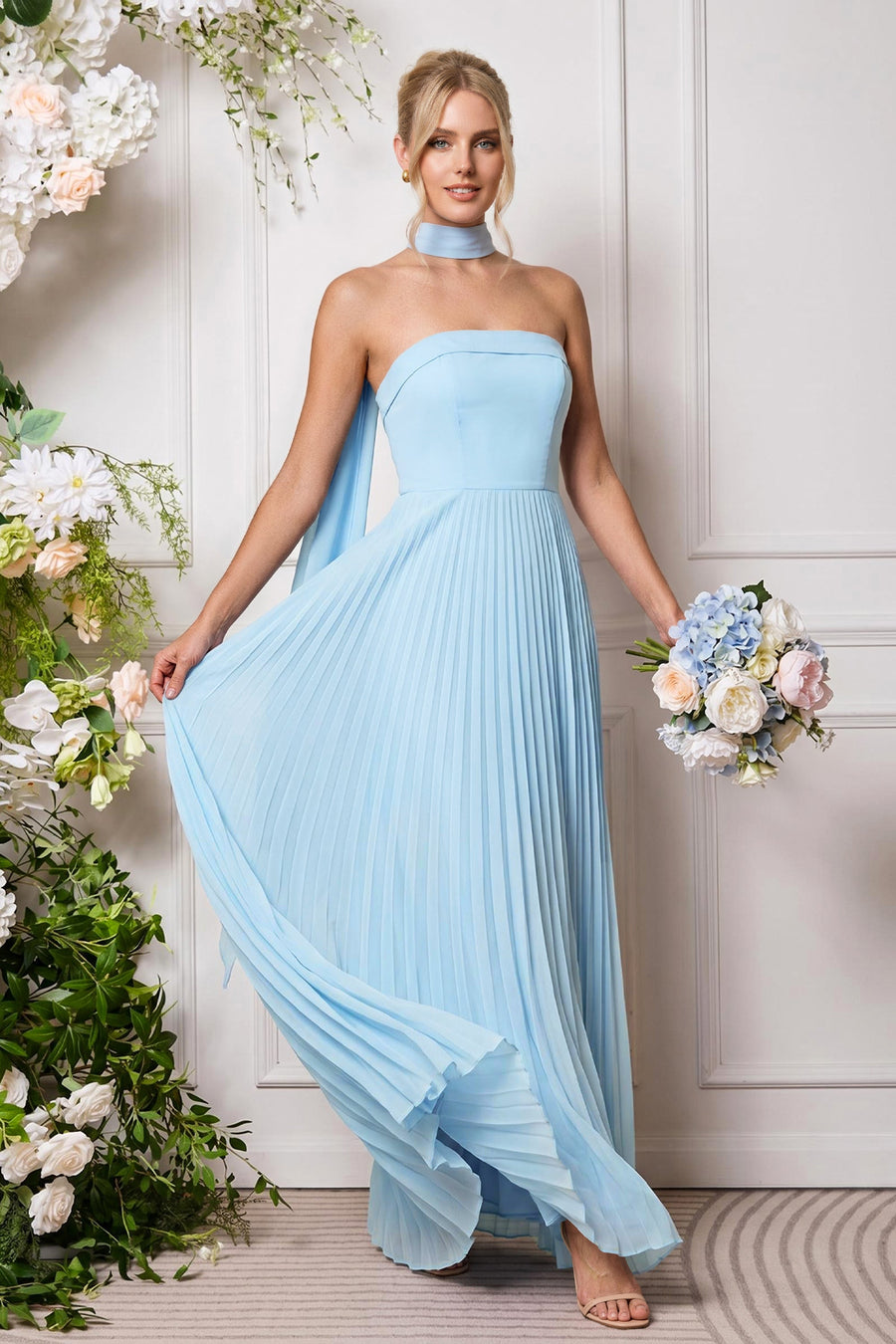 Amélia | Vestido de dama de honor chiffon evasê pregas