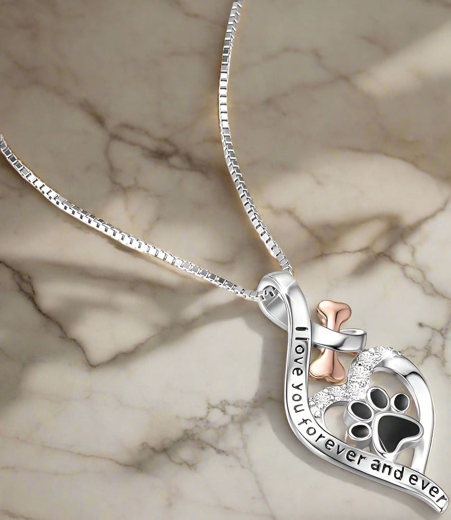 Collier Patte de Chien Chanceuse avec Cœur, Os et Infini – Pendentif « Toujours dans Mon Cœur »