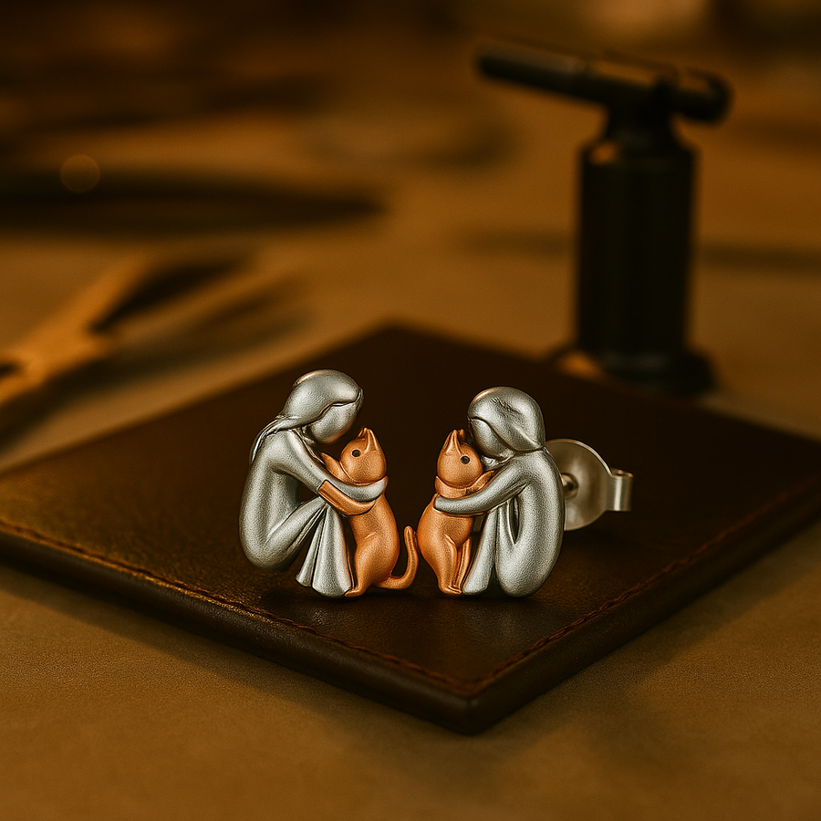Boucles d'oreilles étreintes de chat bicolores argent et or