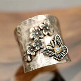 Anel Largo Abelha, Flor e Borboleta