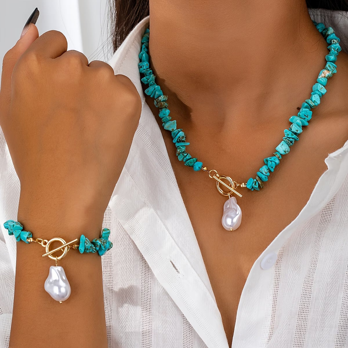 Conjunto de Colar e Pulseira com Turquesa