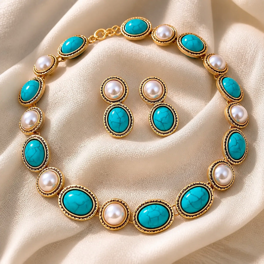Conjunto Turquesa e Pérola Dourado Antigo