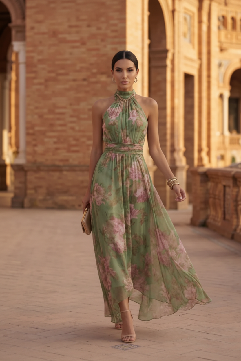 Alejandra | Green floral halter dress