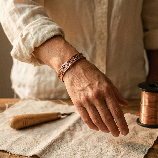 Pulseira em Cobre com Padrão Botânico e Ímanes