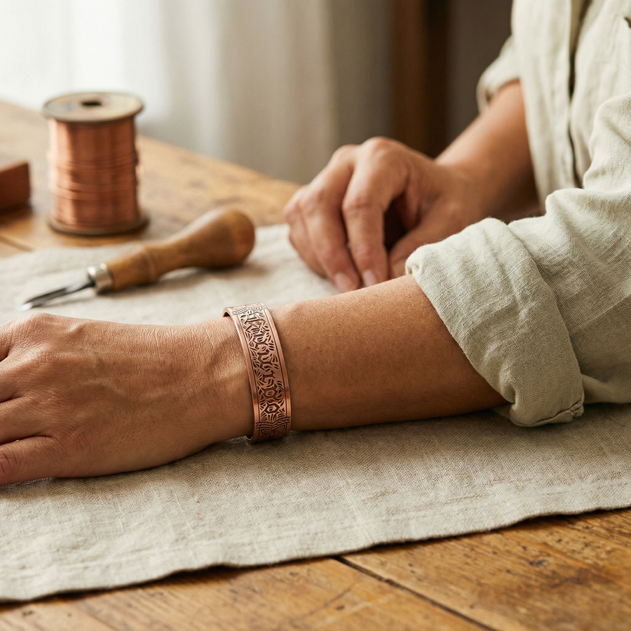 Pulseira Larga em Cobre com Letras Góticas Gravadas